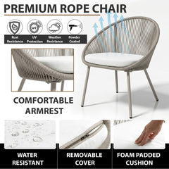 Soma Outdoor Patio Seating Set 2 Chairs and 1 Table Set (Grey) Braided & Rope