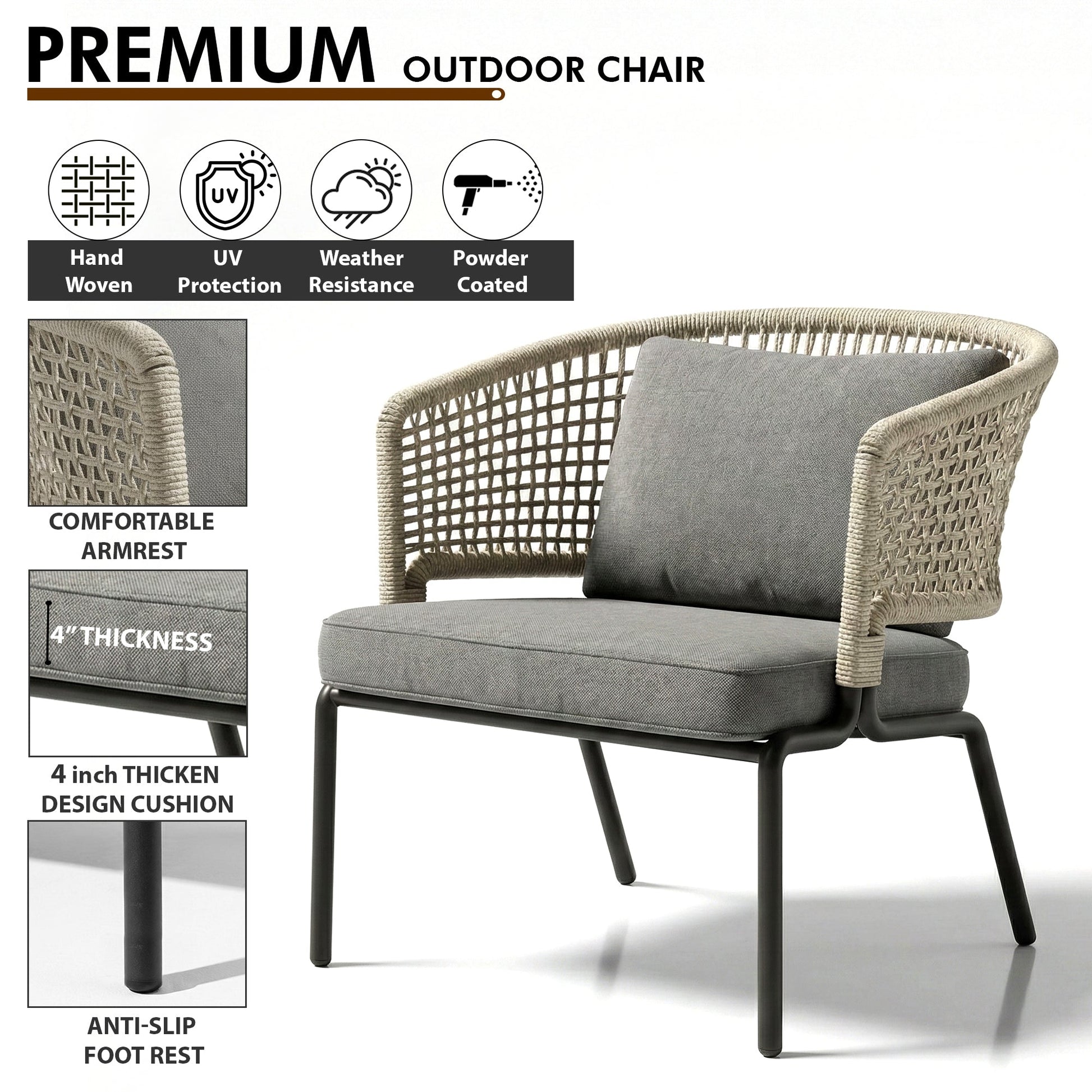 perola Outdoor Garden Balcony Sofa Set 2 Seater , 2 Single Seater 1 Center Table Set (Grey-Beige) Braided and Rope