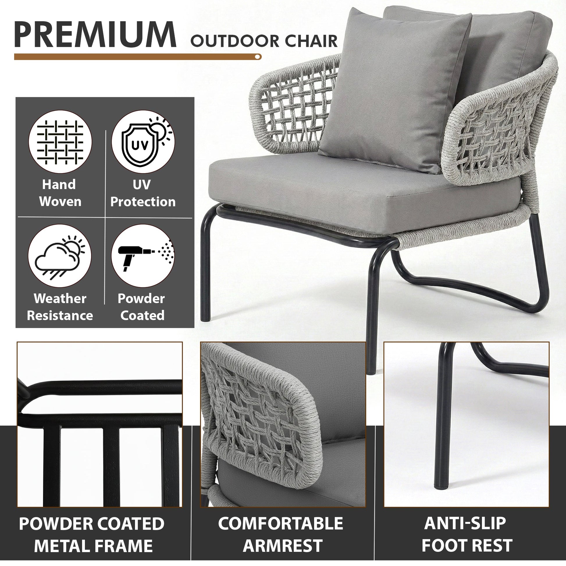 Velory Outdoor Sofa Set 3 Seater , 2 Single seater and 1 Center Table Set (Grey) Braided & Rope