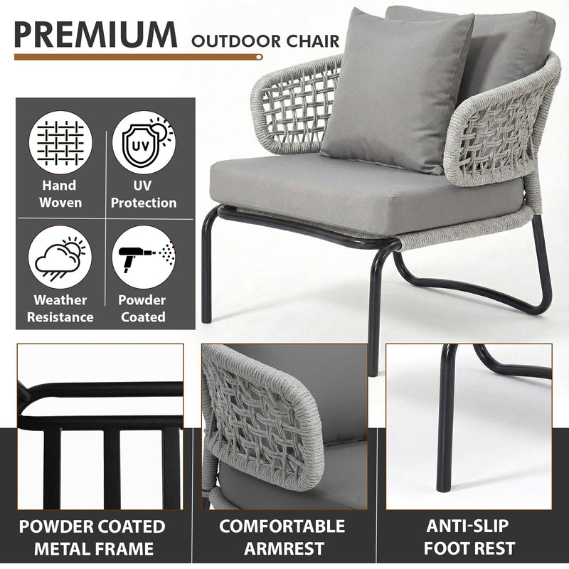 Velory Outdoor Sofa Set 3 Seater , 2 Single seater and 1 Center Table Set (Grey) Braided & Rope