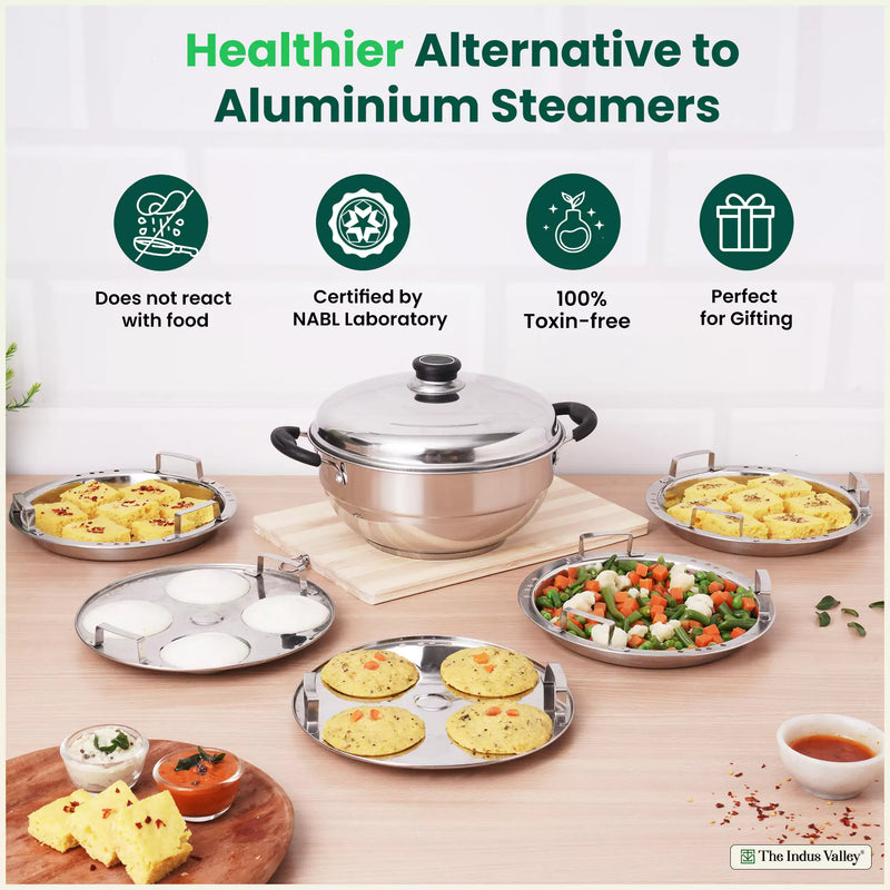 8 Pit Tri-Steel Multi Pot Premium Stainless Steel Idli/ Dhokla/ Momo Maker/ Veg Steaming Set, Tri-ply Induction Bottom, 5 Plates, 3L