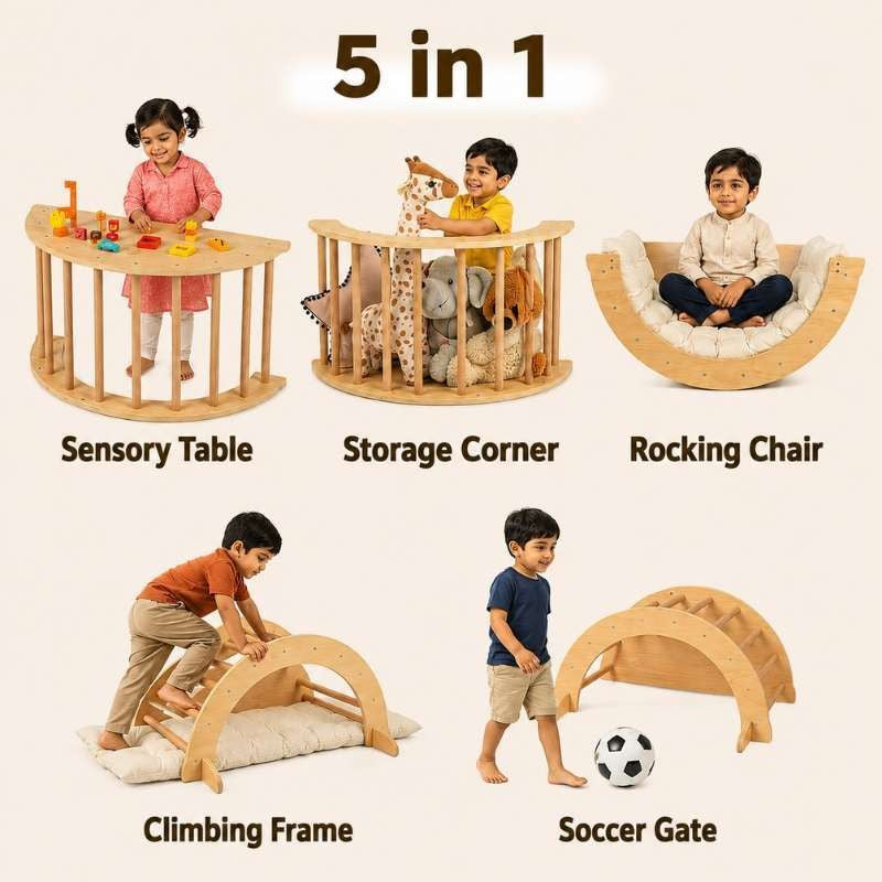 Natural Wood 5-in-1 Montessori Climbing Arch Rocker for Kids