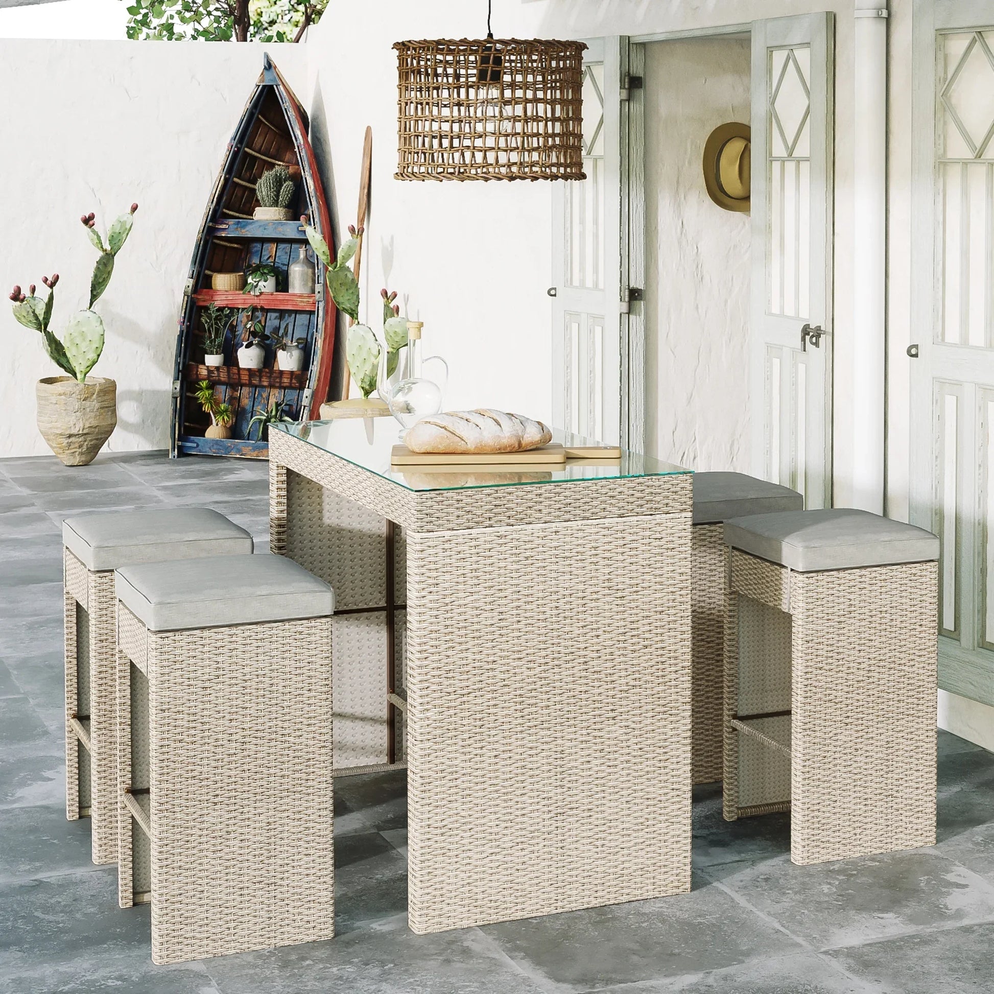Elvan Outdoor Bar Sets 4 Stool and 1 Table Patio Bar Set (Cream)