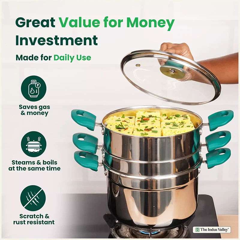 Tri-steel Multi Cooker Pot Premium Stainless Steel Momo Maker/ Idiyappam/ Biryani/  Veg Steaming Set, 3 Pots, 21cm