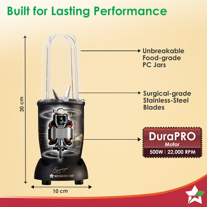 Nutri-blend Mist 500W Mixer Grinder, 22000 RPM, Smoothie Maker-Masala Grinder-Chutney Blender, 3 Unbreakable Jars, Limited Edition, Recipe Book by Chef Sanjeev Kapoor, 2 Yr Warranty, Black