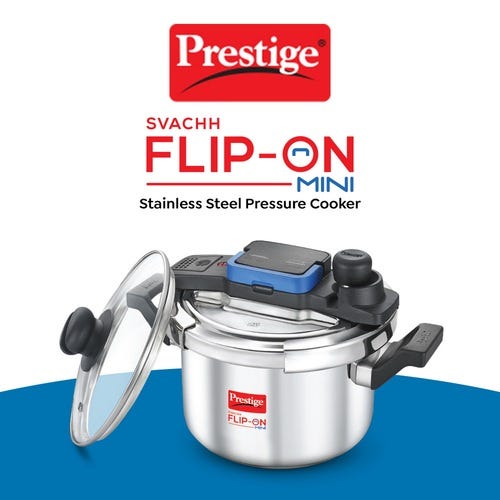 Prestige Svachh Flip-on Mini Stainless Steel Gas and Induction Compatible Pressure Cooker with Glass Lid, 3 Litre (Silver)