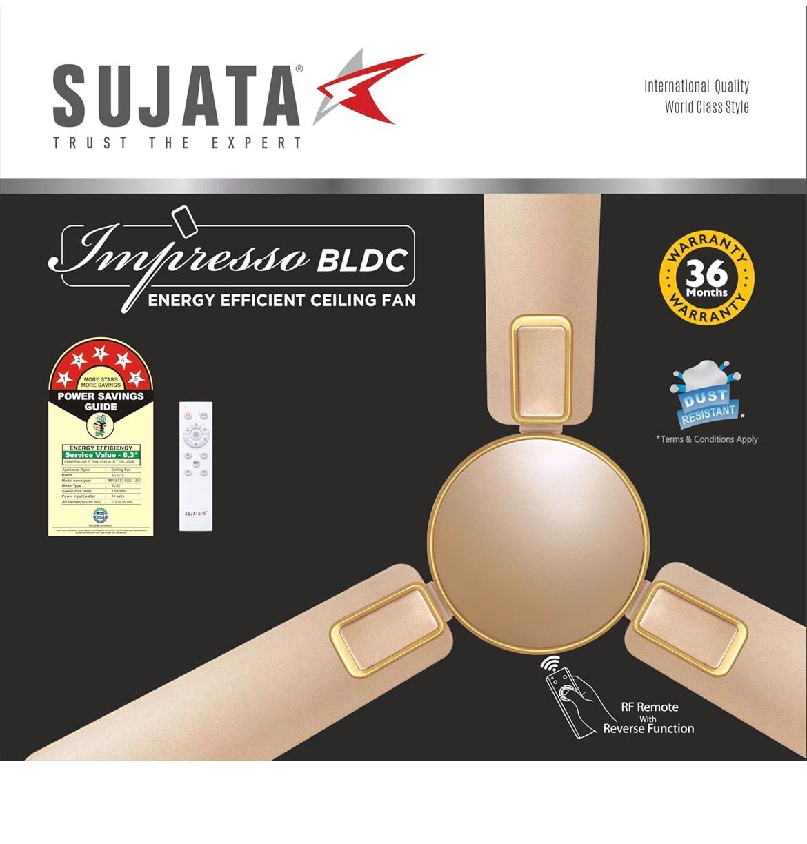Sujata BLDC Fan | 3-Yrs Warranty | Ceiling Fan for Living Room/Bedroom with Remote Control, High caliber, H-Class insulation winding, BEE Star Rated, Decorative ceiling fan (Topaz Gold-Impresso)