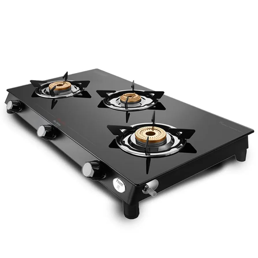 Preethi Bluflame Sparkle Power Duo 3 Burner Glass top Gas Stove with Power Burner and Swirl flame technology, saves gas and cooks faster, Manual Ignition, Black
