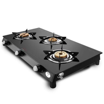 Preethi Bluflame Sparkle Power Duo 3 Burner Glass top Gas Stove with Power Burner and Swirl flame technology, saves gas and cooks faster, Manual Ignition, Black