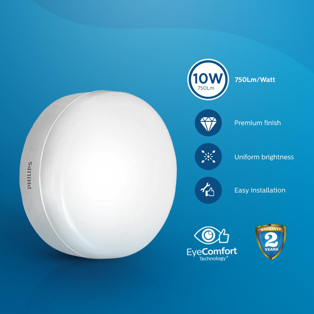 Philips Polycarbonate Rimless Full Glow 10-Watt Round LED Surface Downlighter for Ceiling Light (Pack of 2)