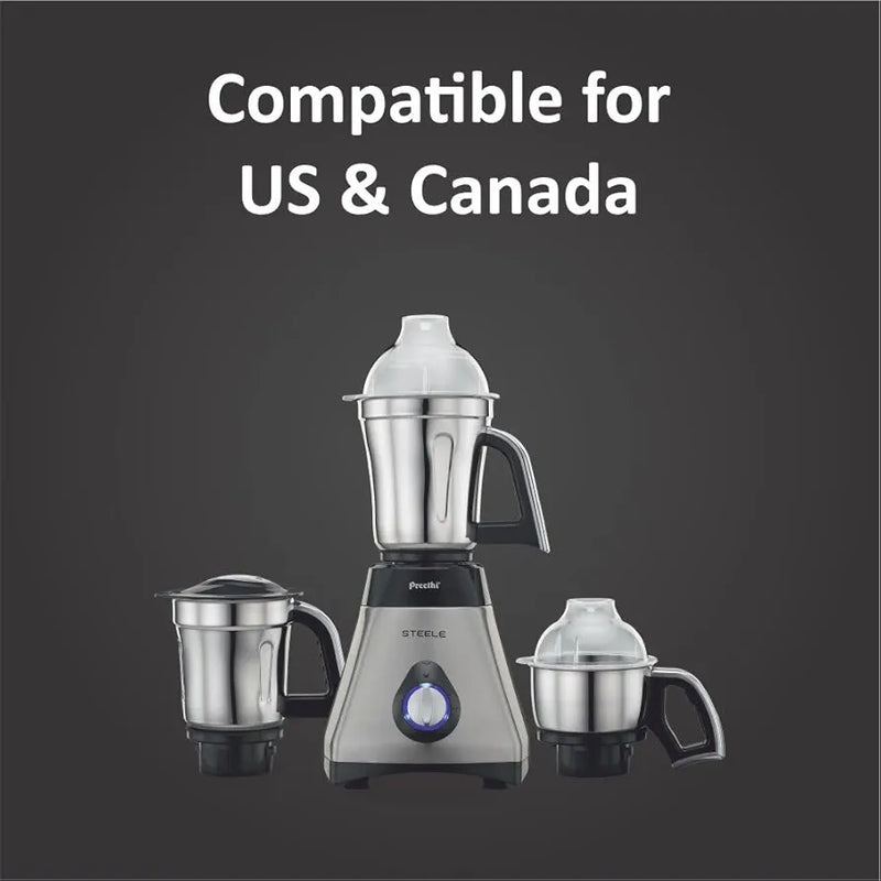 Preethi Steele 110V Mixer Grinder for Kitchen | 3 Jar, 550W Mixie| Perfect for Grinding | Silver/Black  - Only use in USA & Canada