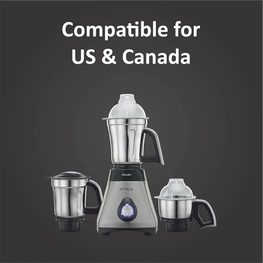 Preethi Steele 110V Mixer Grinder for Kitchen | 3 Jar, 550W Mixie| Perfect for Grinding | Silver/Black  - Only use in USA & Canada