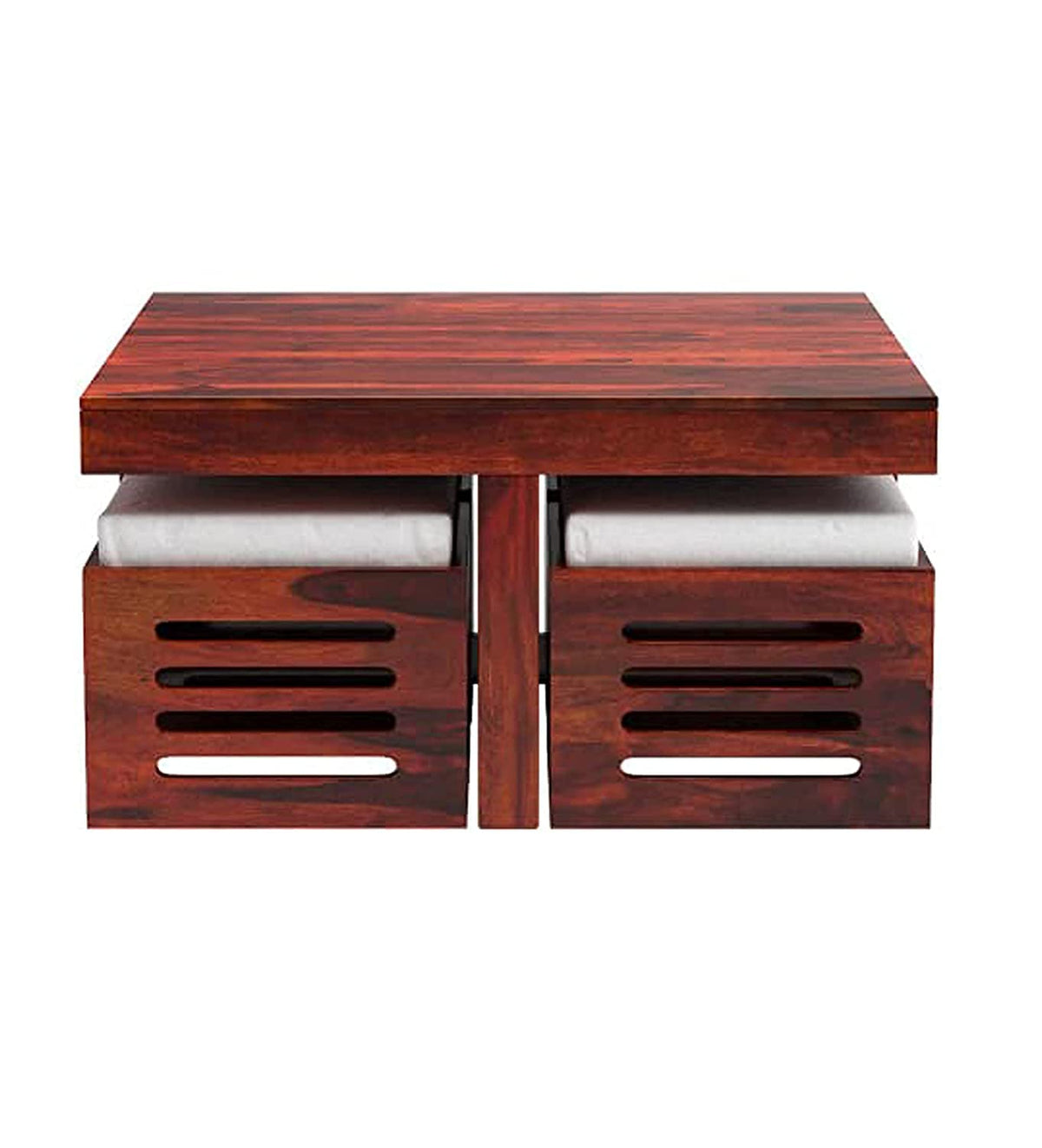 Sheesham Wood Square Coffee Table for Living Room | Wooden Center Table | with 4 Stools | Cream Cushi