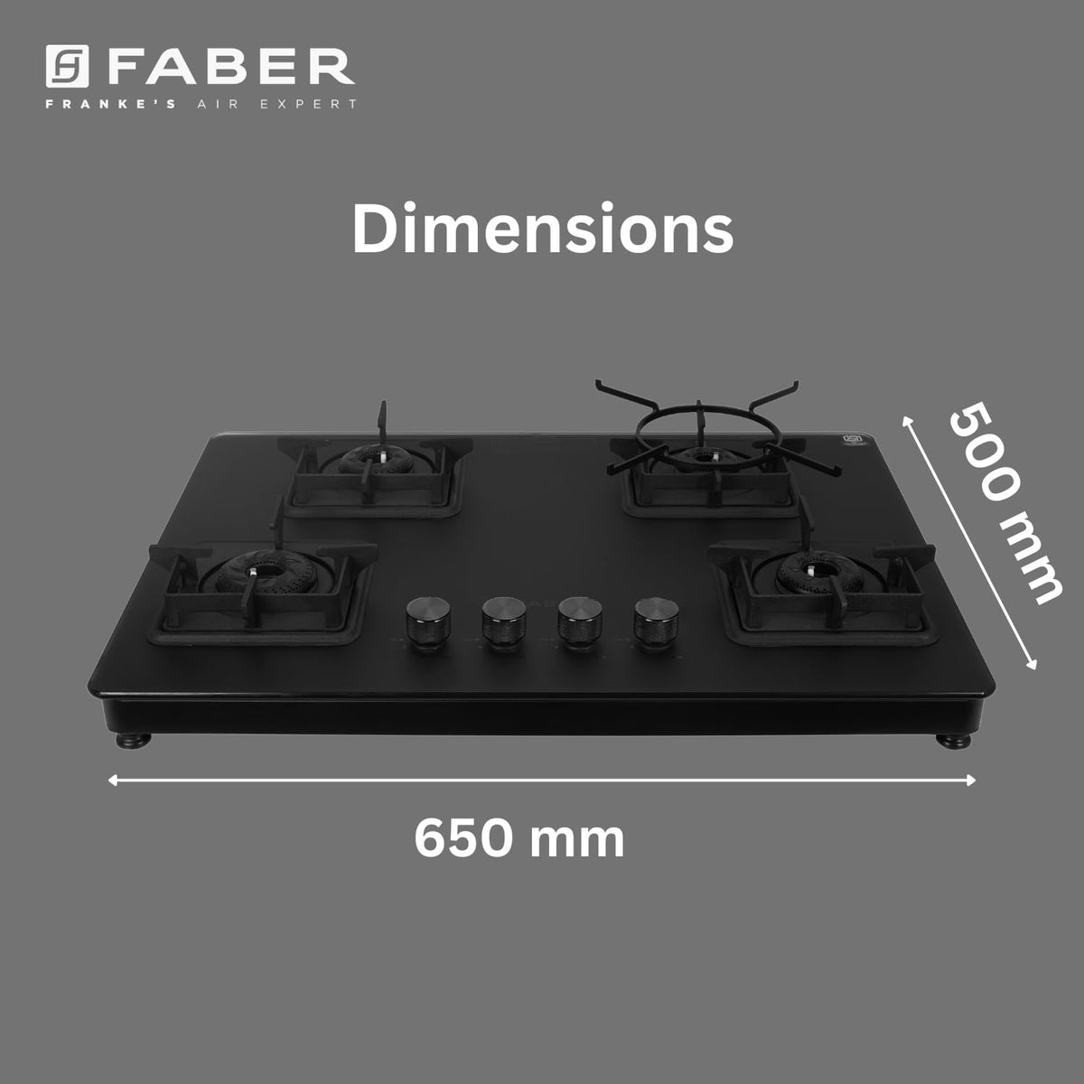 Faber Evoke 4 Burner 65Cm Cooktop |Auto Ignition| |Metal Knobs| MS Diamond Coated Pan Support | Matt Black Glass Finish 