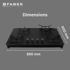 Faber Evoke 4 Burner 65Cm Cooktop |Auto Ignition| |Metal Knobs| MS Diamond Coated Pan Support | Matt Black Glass Finish 