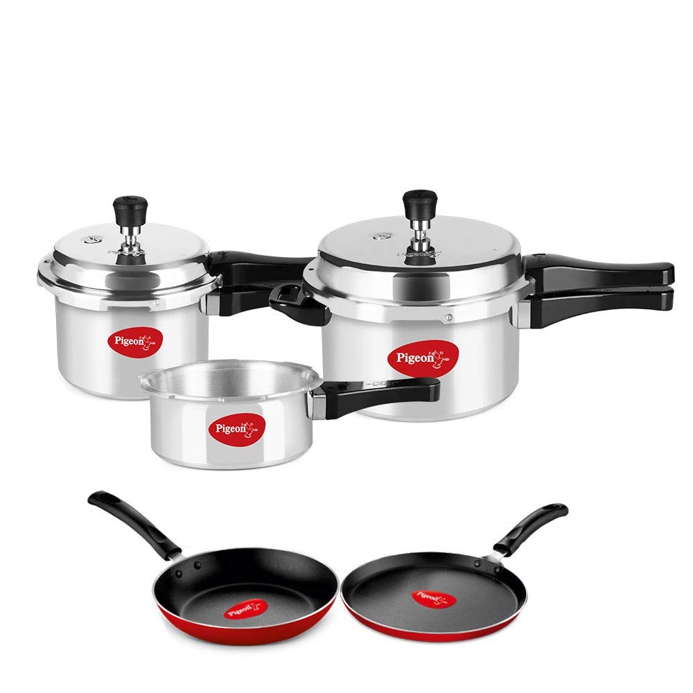 Pigeon by Stovekraft Induction Base 4-in-1 Starter Kit, Silver, Aluminium (Pressure Cooker, Pressure Pan, Tawa, and Kadhai Set)