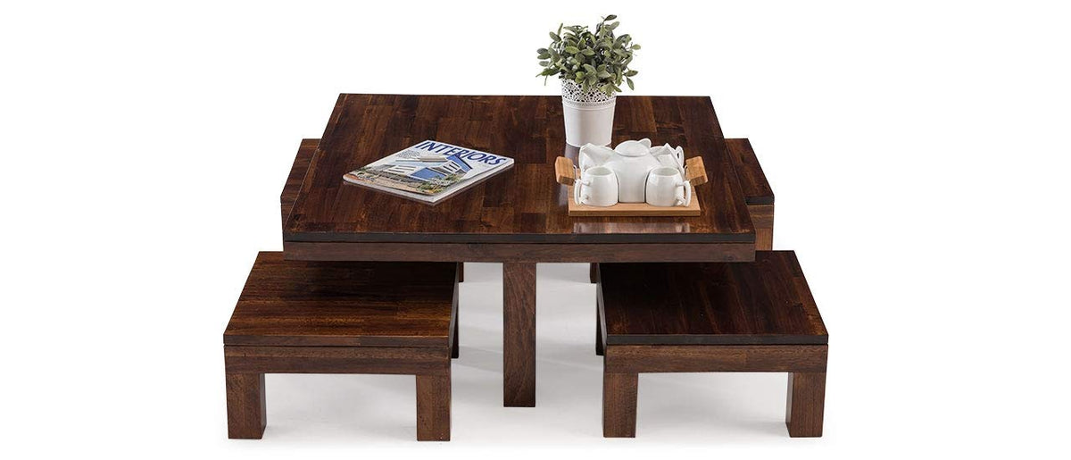 Solid Wood Coffee Table Set | Dreamer Solid Wood Coffee Table with 4 Stools (Finish Color - Teak
