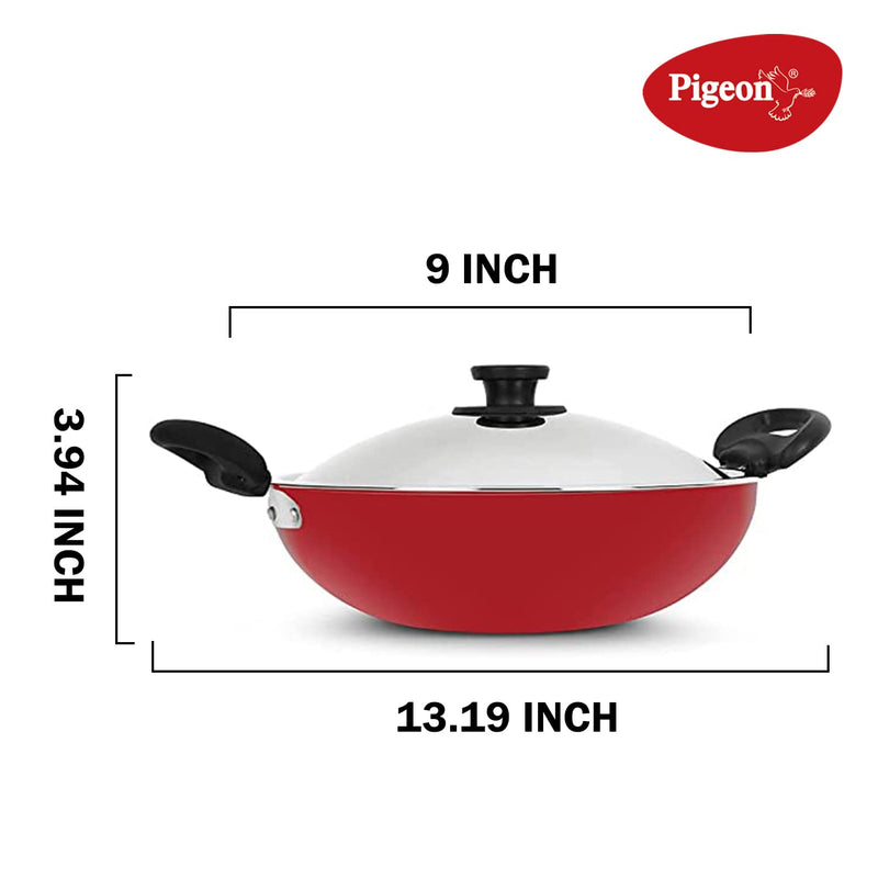 Pigeon Induction Base Storm Non Stick Kadai with Stainless Steel Lid, 200 IB, 1 Piece, Red