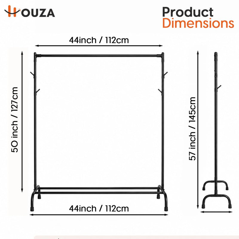 HOUZA Heavy-Duty Garment Stand Cloth Rack with Bottom Storage Shelf & 4 Side Hooks | Freestanding Clothes Hanging Stand, Rack for Clothes Storage & Cloth Rack for Bedroom & Entryway (Black)