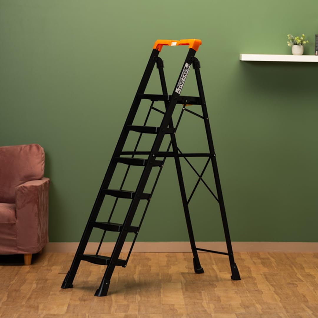 Bonkaso Alloy Steel Climb Master 7-Step Foldable Heavy Duty Ladder for Home, Indoor and Outdoor Purpose with Anti-Slip and Advanced Locking System - (Black&Orange)