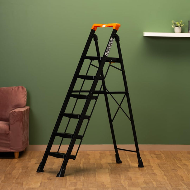 Bonkaso Alloy Steel Climb Master 7-Step Foldable Heavy Duty Ladder for Home, Indoor and Outdoor Purpose with Anti-Slip and Advanced Locking System - (Black&Orange)