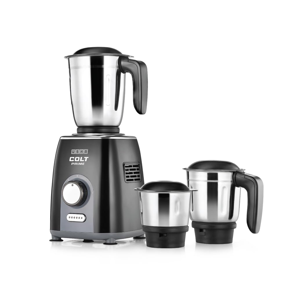 USHA Colt Prime Mixer Grinder| 500W| Powerful 100% Copper Motor| Rust Resistant Stainless Steel Jars & Blades| Uniform Grinding with 3 Jars| 5 Years Motor Warranty