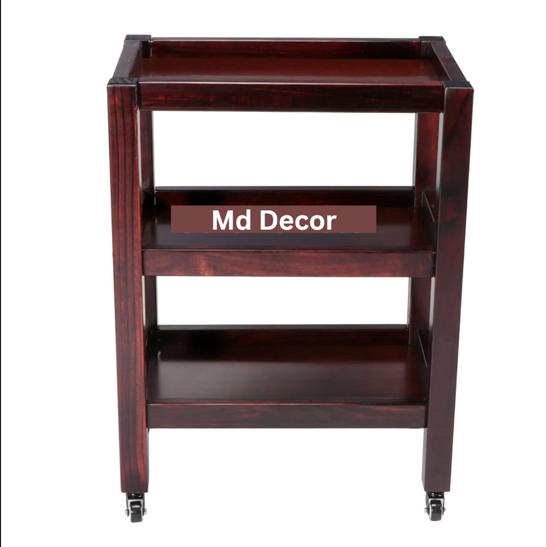 Elegant Wooden 3-Tier Rolling Cart – Large Mahogany Polished Trolley with Wheels for Home and Kitchen – Versati
