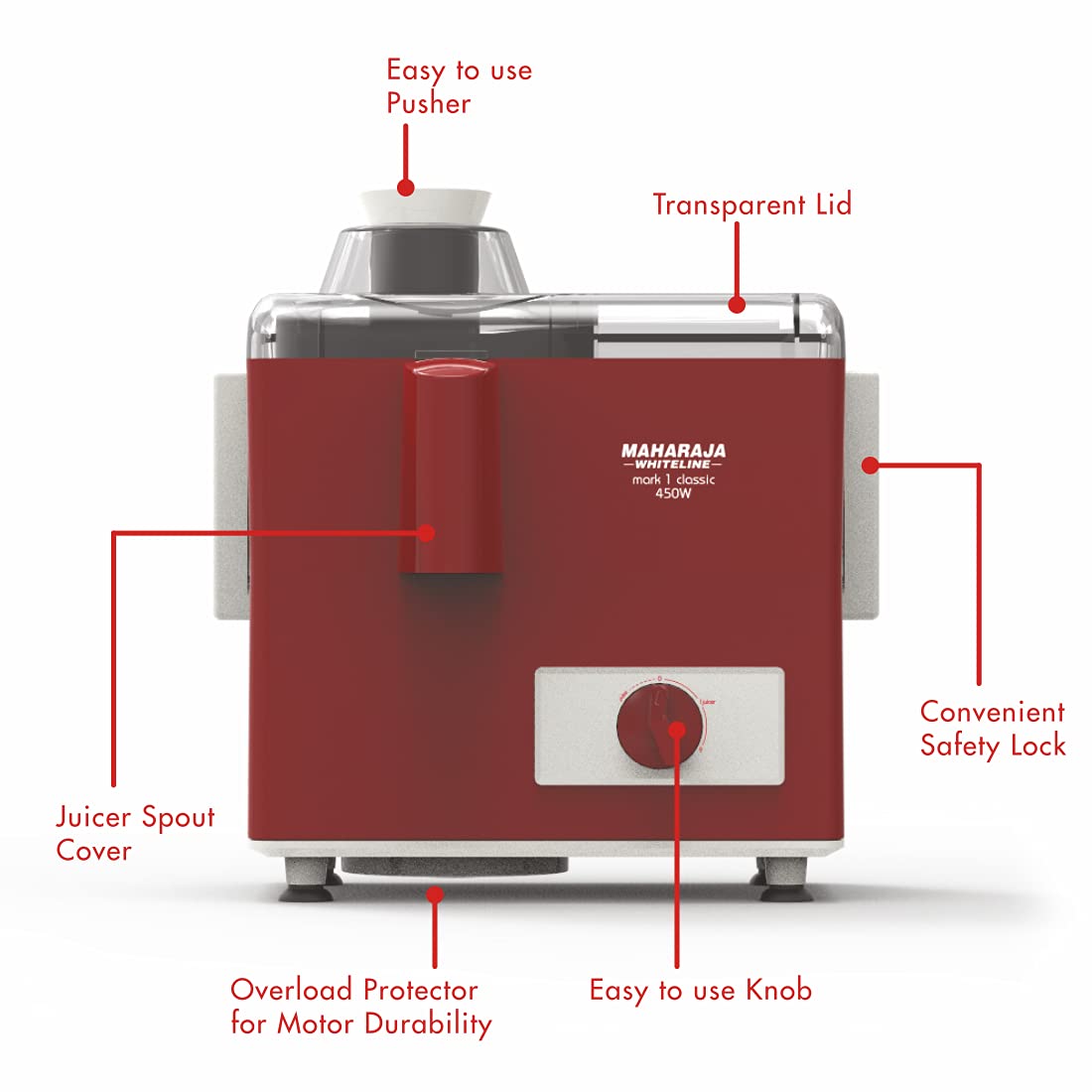 Maharaja Whiteline Mark 1 Classic Juice Extractor, 450 Watt, Cherry Red & White, Superior Stainless Steel Mesh And Juice Cutter, Medium (Mark-1 Classic/Je-106), 450 Watt