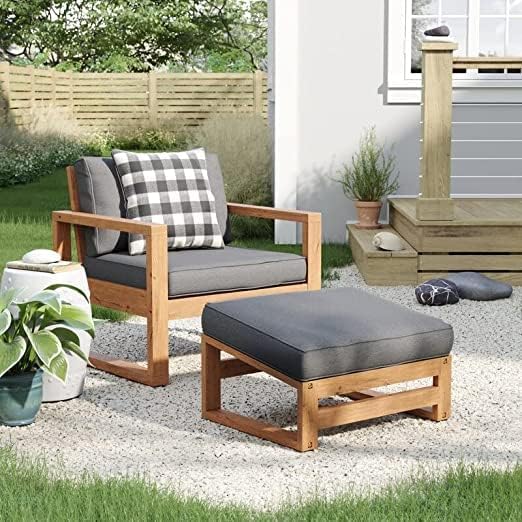 Solid Sheesham Wood Sofa Chair with Footstool Ottoman for Hall | Living Room | Bedroom | Home Grey Cushion Fini