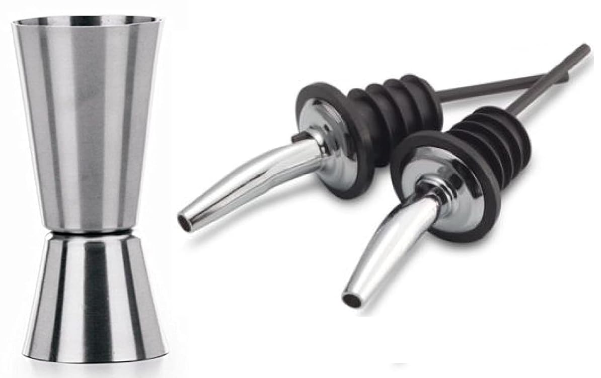 Dynore Stainless Steel Double Sided Tall Peg Measure 30 & 60 ml with 2 Wine Pourer- Set of 3