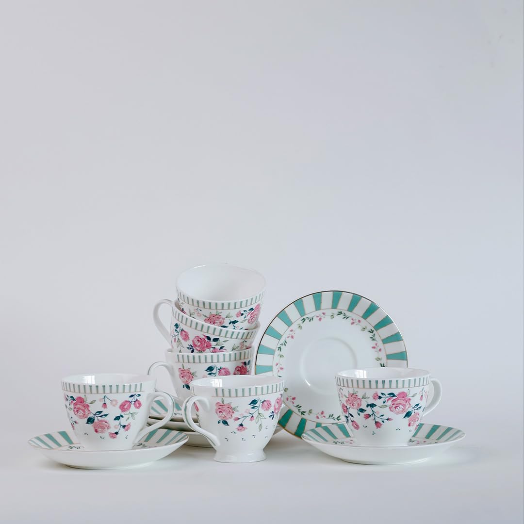 Magique by The Wishing Chair x ClayCraft : Portrait of a Rose Tea Cups & Saucers Set of 6 | 180 ml Fine Ceramic Floral Cups | Elegant Glossy Finish | Ideal for Gifting & Home Use