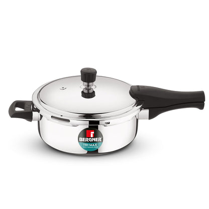 Bergner Tri-Max Junior TriPly 1 Litre Pressure Cooker, Triply Heavy Bottom Outer Lid Mini Pressure Cooker, 1 Pc Free Safety Valve, Measuring Scale Inside - Induction Bottom and Gas Stove Ready