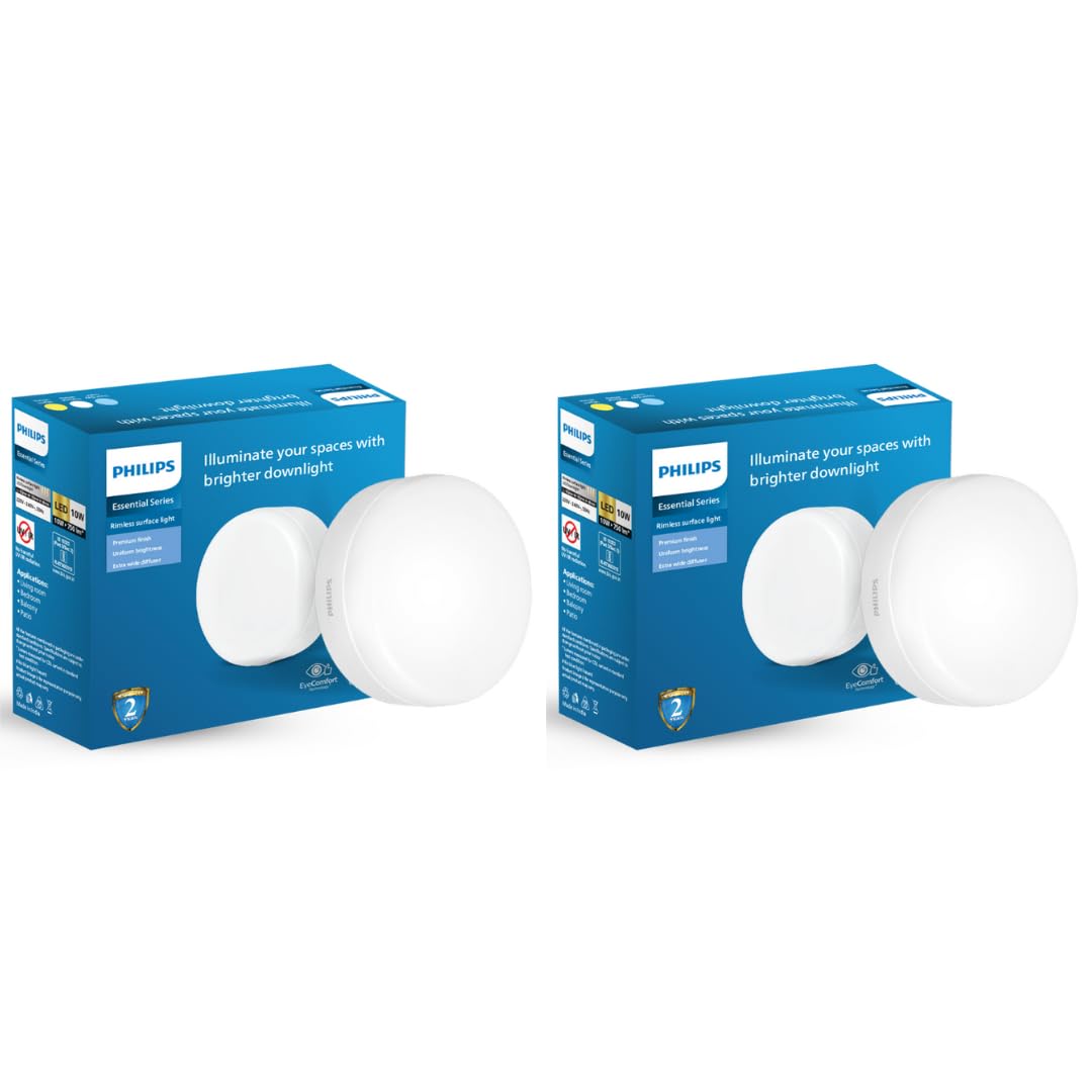 Philips Polycarbonate Rimless Full Glow 10-Watt Round LED Surface Downlighter for Ceiling Light (Pack of 2)