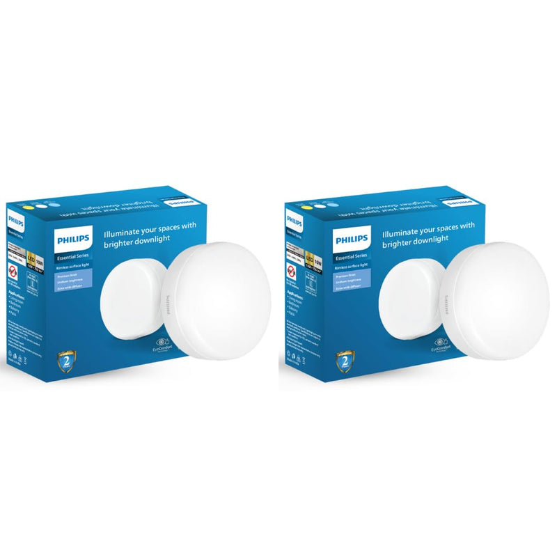 Philips Polycarbonate Rimless Full Glow 10-Watt Round LED Surface Downlighter for Ceiling Light (Pack of 2)