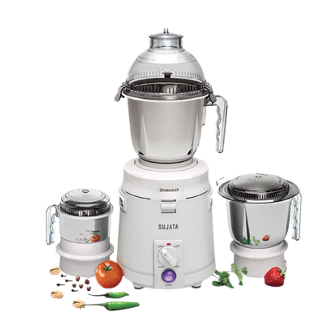 Sujata Dynamix Mixer Grinder|900 Watts Double Ball Bearing Motor|22000 RPM|Non-Stop 90 Mins Running|3 Food Grade Steel Jars - 1500ml Multipurpose, 1000ml Grinder, 500ml Chutney Jar|Black