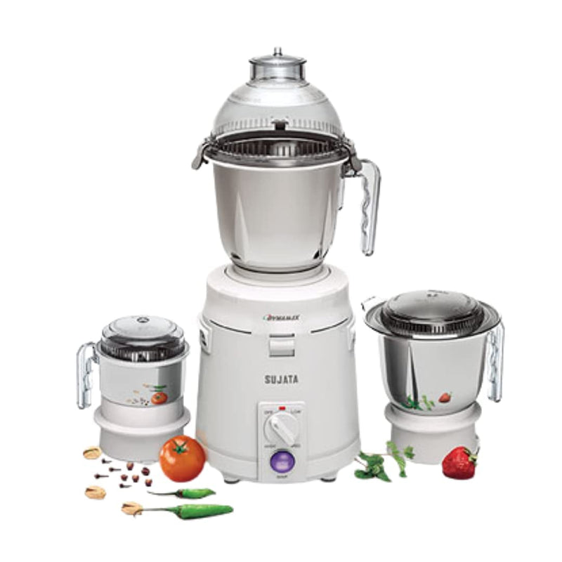 Sujata Dynamix Mixer Grinder|900 Watts Double Ball Bearing Motor|22000 RPM|Non-Stop 90 Mins Running|3 Food Grade Steel Jars - 1500ml Multipurpose, 1000ml Grinder, 500ml Chutney Jar|Black