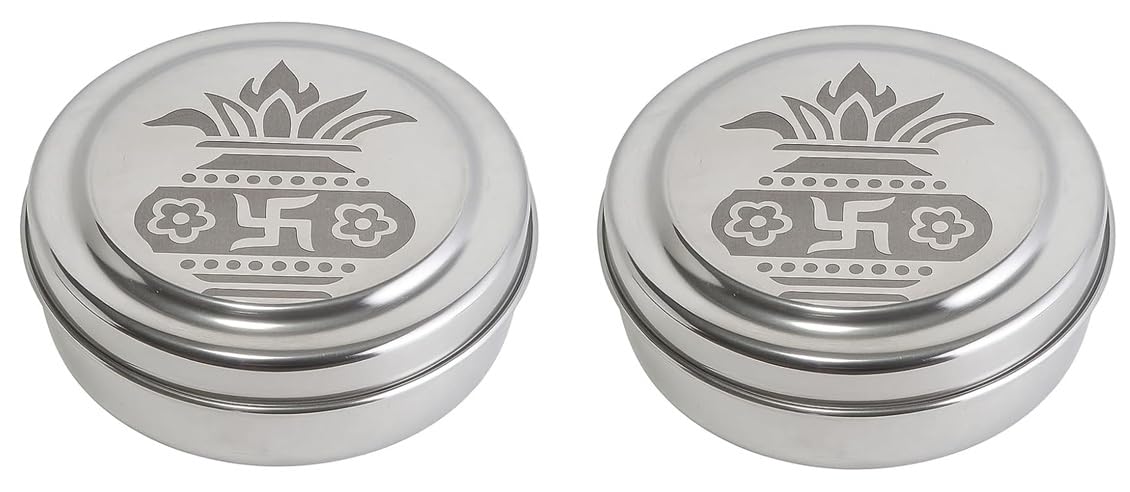 Dynore Stainless Steel Round Pooja Box - Mandir Roli, Chawal,Chandan, Kumkum Puja Mandir Box, Dibbi with 7 Containers- Set of 2
