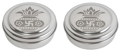 Dynore Stainless Steel Round Pooja Box - Mandir Roli, Chawal,Chandan, Kumkum Puja Mandir Box, Dibbi with 7 Containers- Set of 2