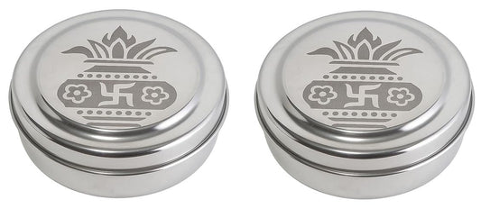 Dynore Stainless Steel Round Pooja Box - Mandir Roli, Chawal,Chandan, Kumkum Puja Mandir Box, Dibbi with 7 Containers- Set of 2