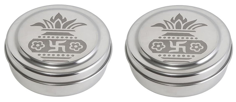Dynore Stainless Steel Round Pooja Box - Mandir Roli, Chawal,Chandan, Kumkum Puja Mandir Box, Dibbi with 7 Containers- Set of 2