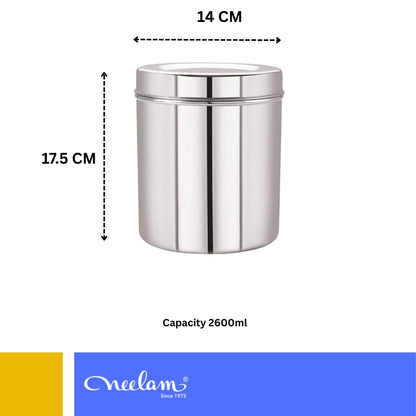 Neelam Stainless Steel 22 Gauge Deep Dabba - 2600 ml, 1 Piece, Silver – Durable and Elegant Food Storage Container, Ideal for Storing Grains, Snacks, Leftovers, Perfect for Daily Use, Easy to Clean.