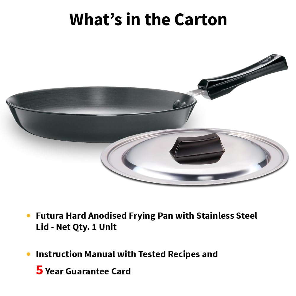 Hawkins Futura 22 cm Frying Pan, Hard Anodised Fry Pan with Stainless Steel Lid, Induction Compatible, Black
