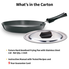 Hawkins Futura 22 cm Frying Pan, Hard Anodised Fry Pan with Stainless Steel Lid, Induction Compatible, Black