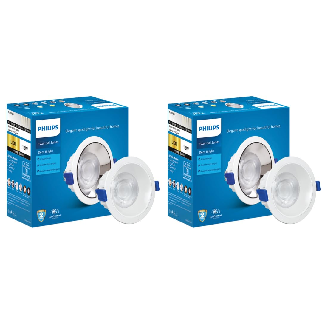 Philips Polycarbonate 12 Watt White Reflector Led Ceiling Cob Round Spot Light with Focused Beam (Pack of 2) (Cool Day Light, B0D3N542Q2)