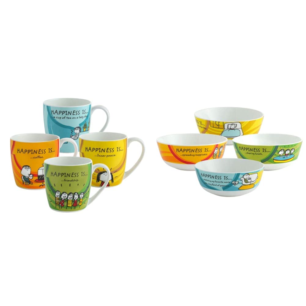 Clay Craft - Happiness is Ceramic Coffee Mugs Alton, Set of 4, 240ml Happiness is Ceramic Mini Snack Plates, Set of 4, 5", Multicolour