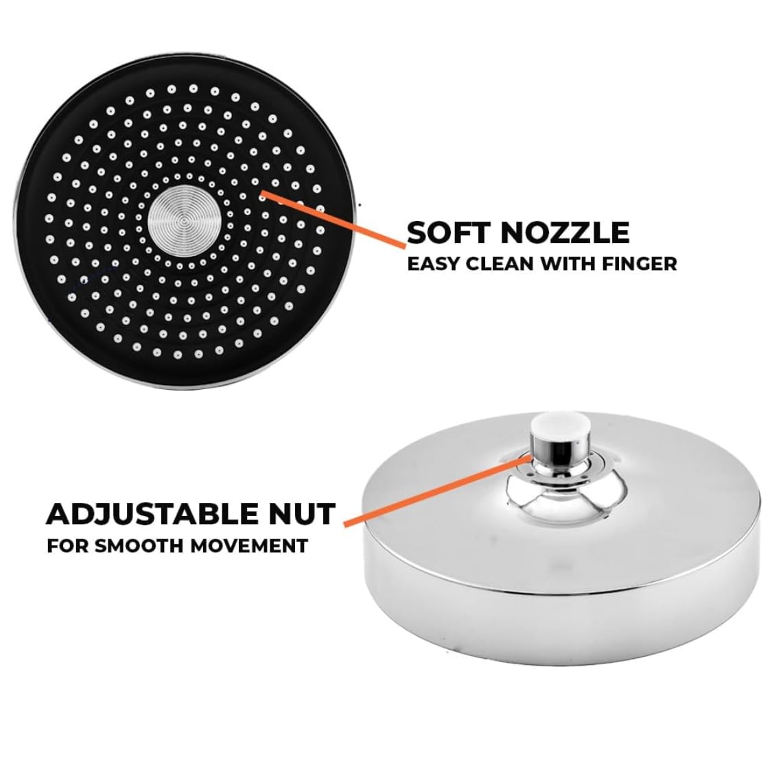 HOUZA Round Shower Head for Bathroom | 4 Inch Single Flow Overhead Shower without Arm | Adjustable Bathroom Shower with Even Water Flow & Rust Resistant | Anti-Clog Silicone Nozzles for Wall Mounting