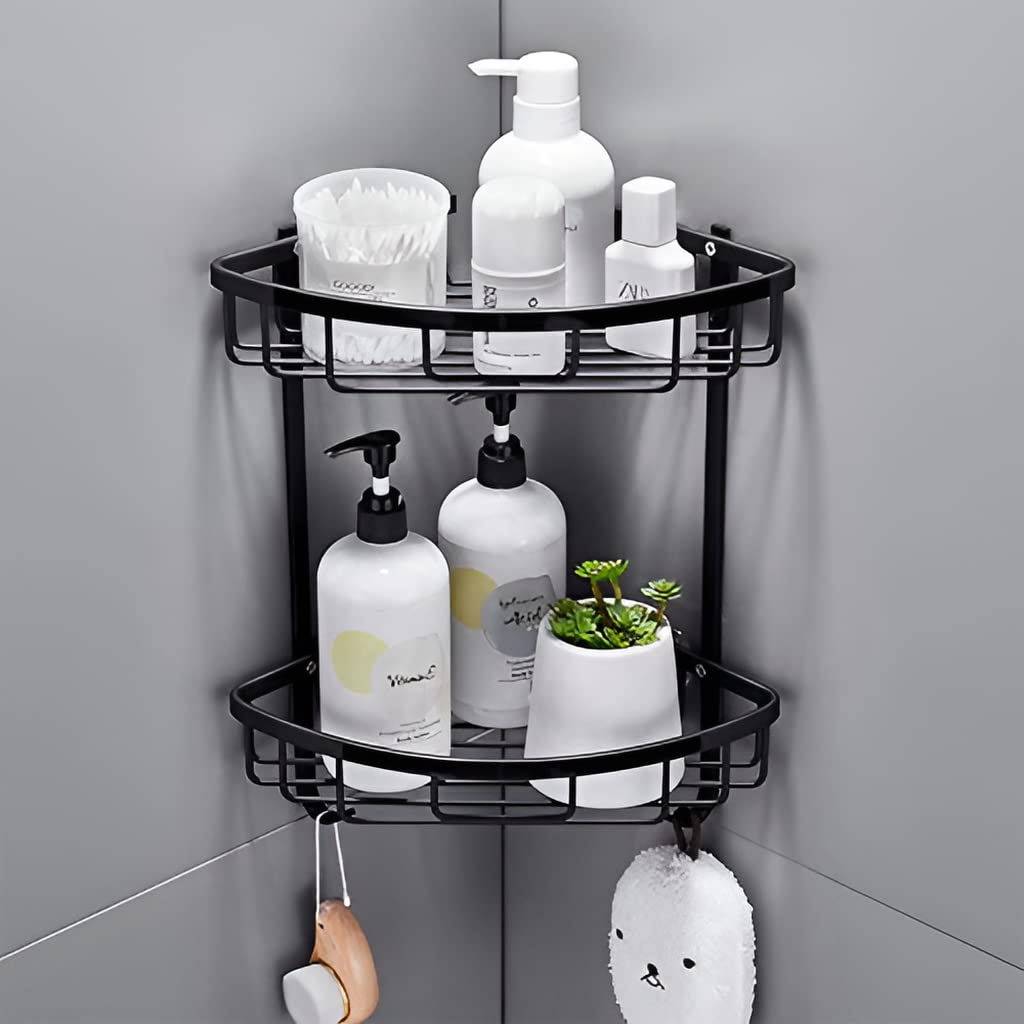 Plantex Stainless Steel Corner Shelf for Bathroom Wall/Bathroom Corner Rack with Hooks/Bathroom Organiser with Drill (2-Tier, Black)