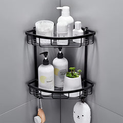 Plantex Stainless Steel Corner Shelf for Bathroom Wall/Bathroom Corner Rack with Hooks/Bathroom Organiser with Drill (2-Tier, Black)-1
