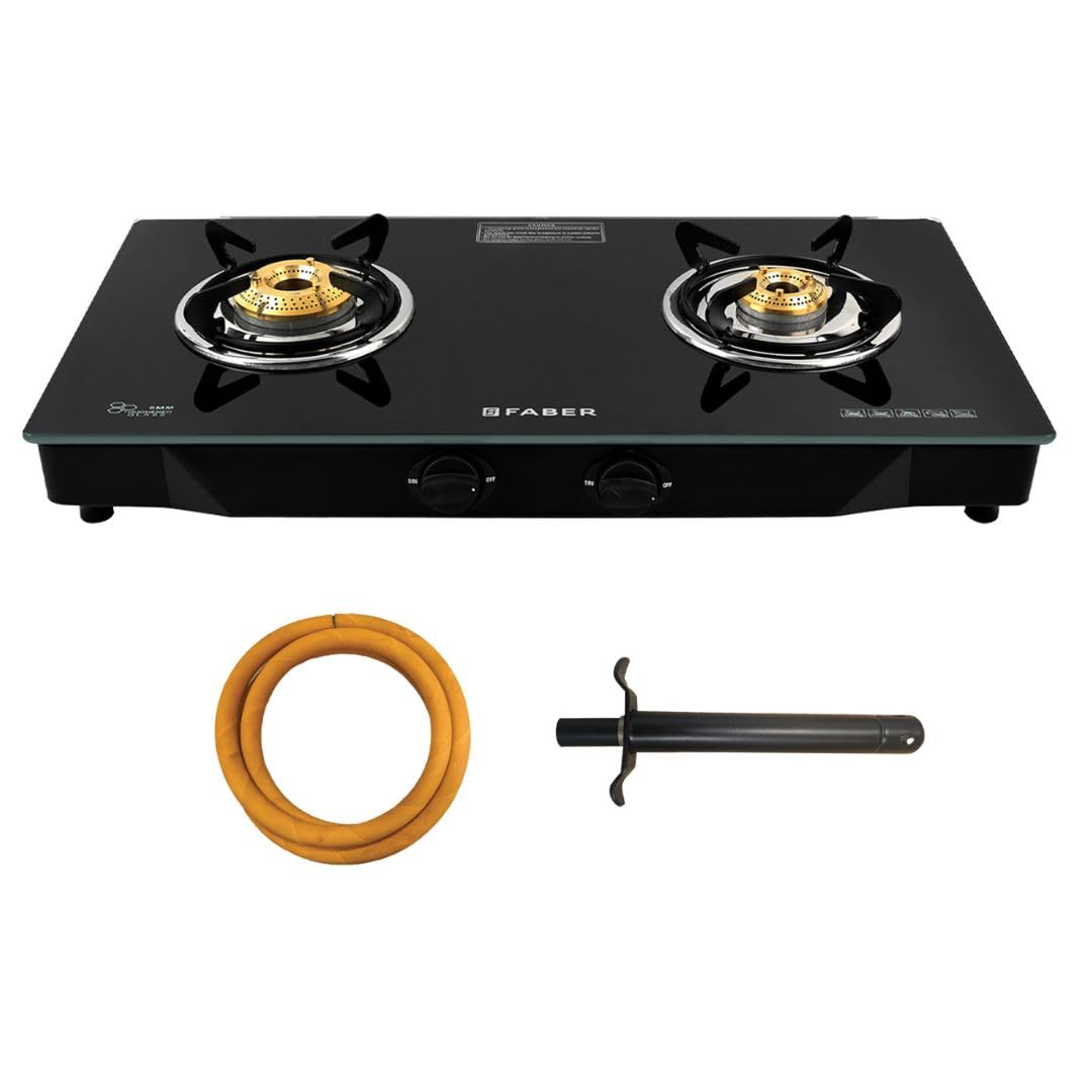 Faber 4 Burner Daisy Pro Cooktop | Free Hose Pipe & Piezo Lighter | Black Glass Top | Powder Coated Pan Support | Manual