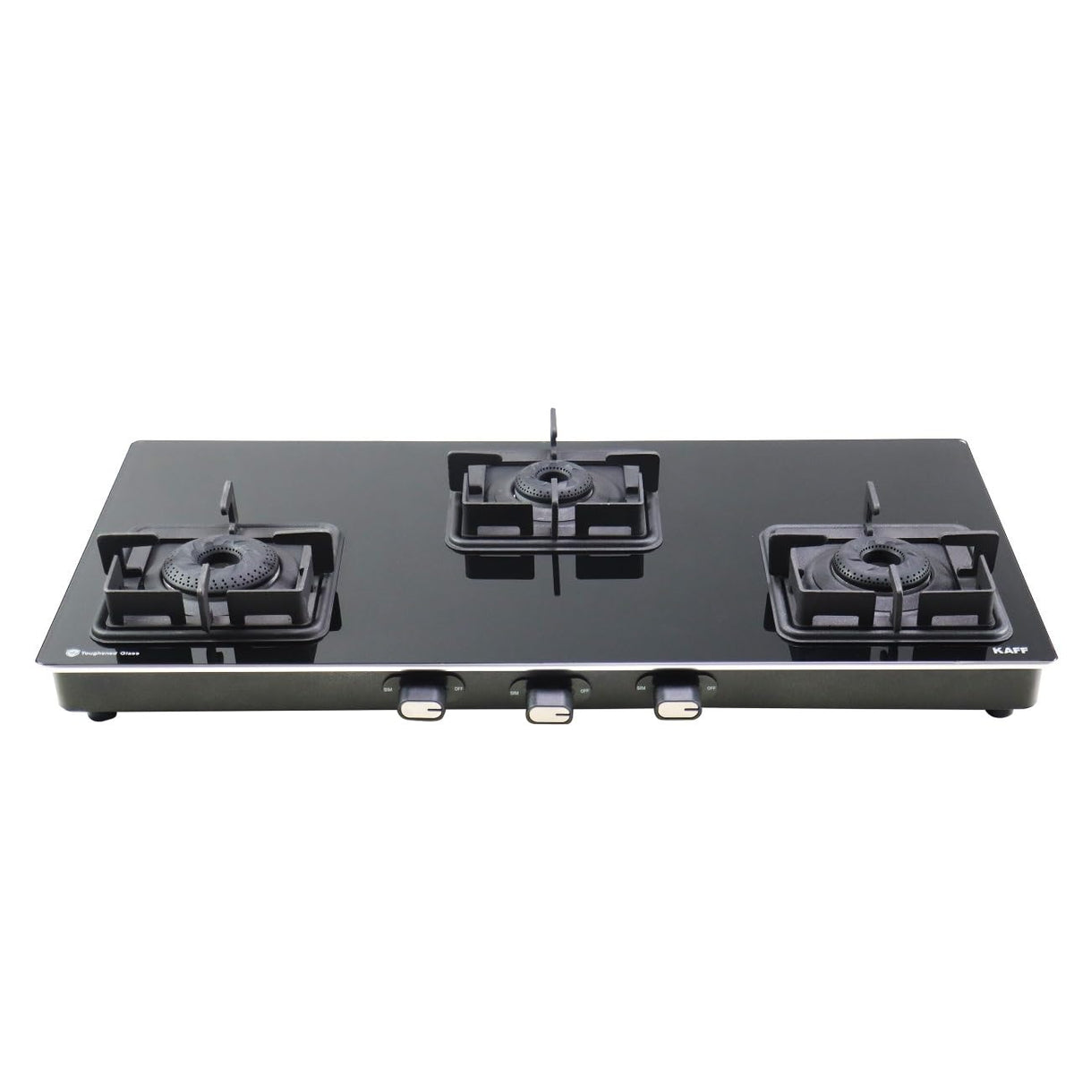 Kaff 77 cm, 3 Brass Burners Built-in Glass Cooktop | Black Toughened Glass with SS Edge Protection | Metal Knobs | | Mat